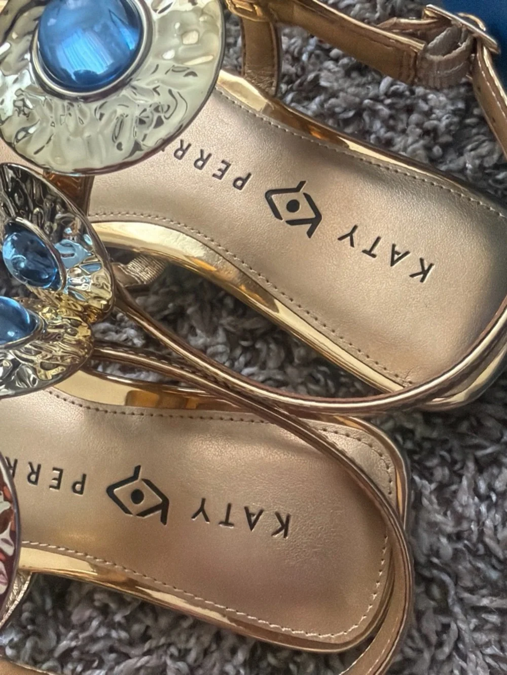 Katy Perry Collections Gold Metallic Sandals with Blue Jewel Accents - Picture 9 of 10